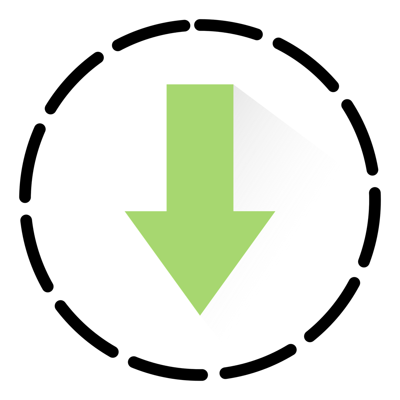 Download Symbol Grüner Pfeil nach unten mit getricheltem Kreis ringsrum.